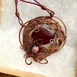 Artisan Copper Wire-Wrapped Red Stone Pendant Necklace • Burning Man Jewelry